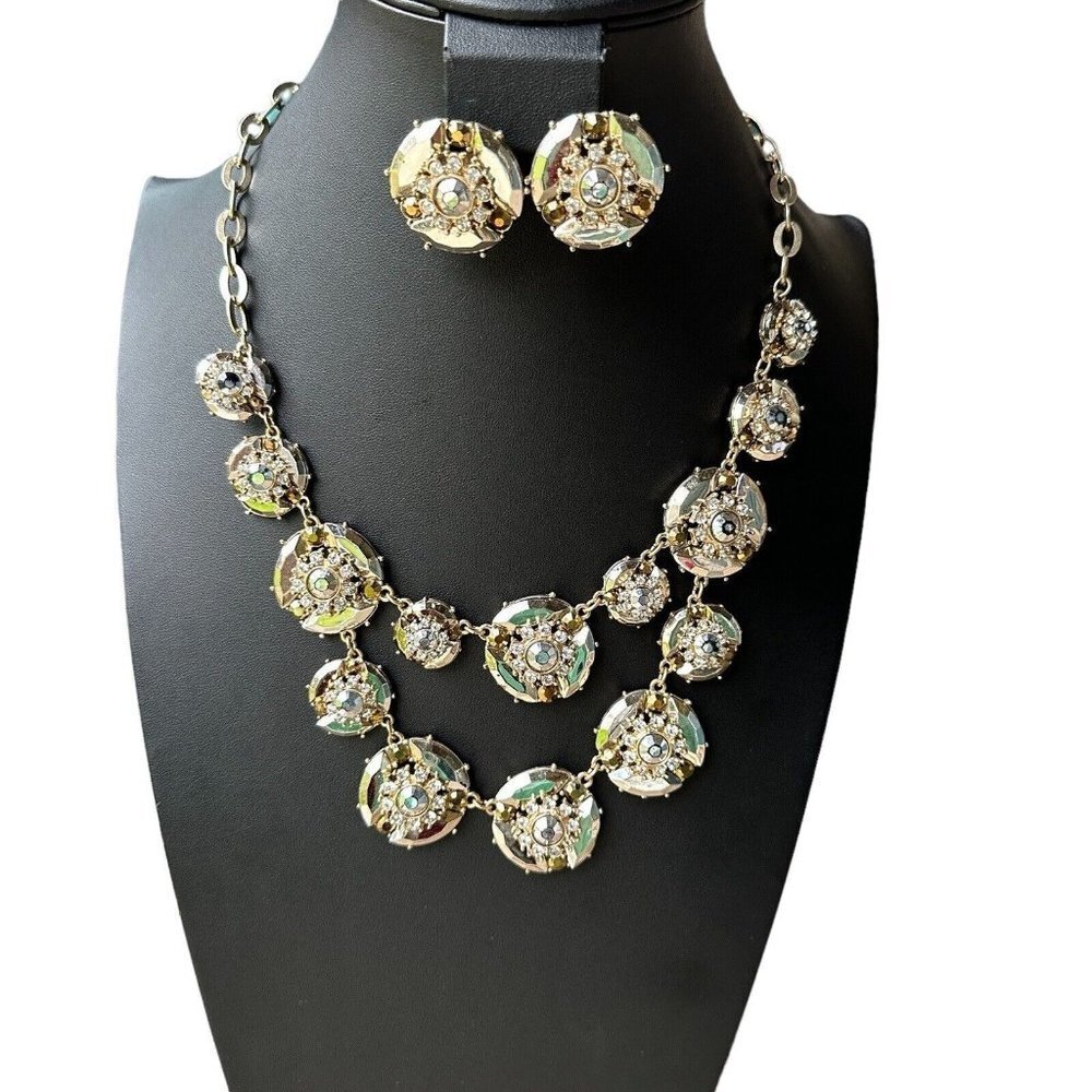 Vintage Statement Necklace 22 Inch w Matching Earrings Flower Clear Rhinestones‎